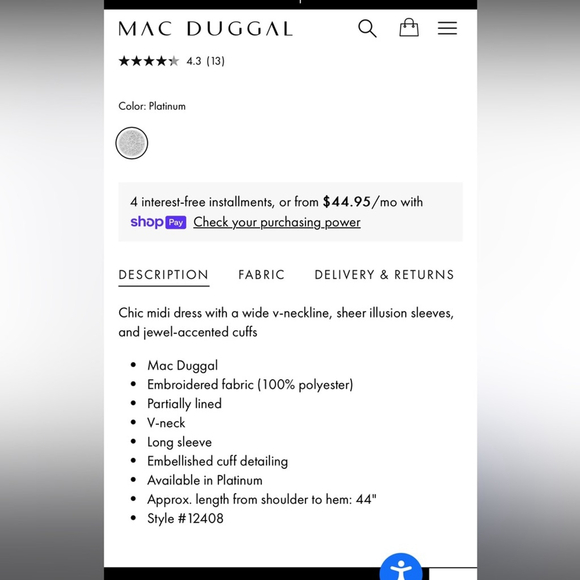 NWT Mac Duggal Platinum Long Sheer Sleeve V-Neck Midi Dress Size 6 Style #12408 - Picture 14 of 14